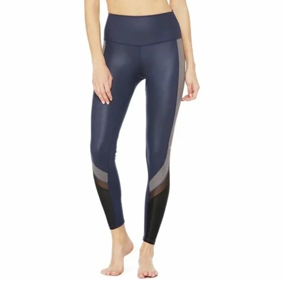 ALO Yoga Elevate Hi-Rise Leggings Navy Gray Mesh Colorblock Size XS GUC - Picture 2 of 12